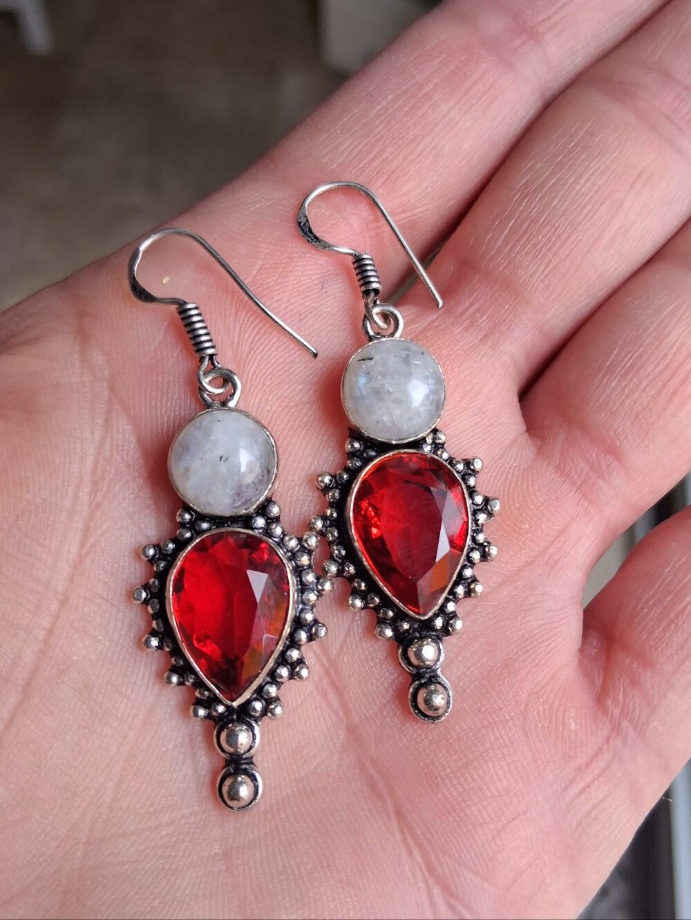 Garnet Moonstone Sterling Silver Boho Earrings 925